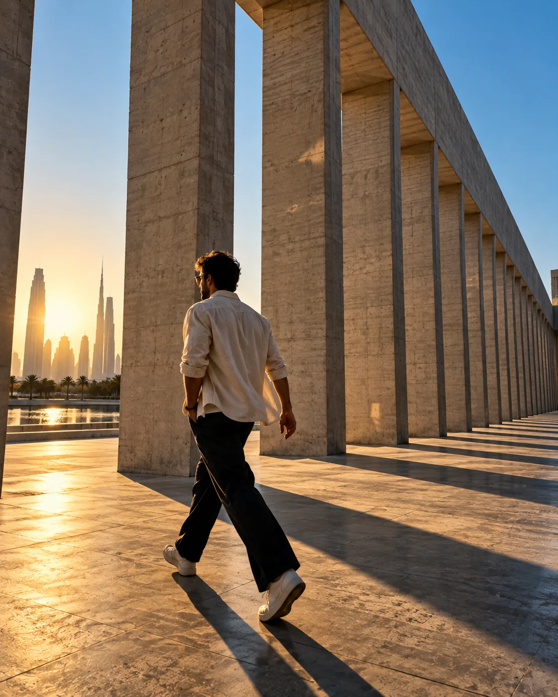 Man walking through a sunlit concrete colonnade in the morning