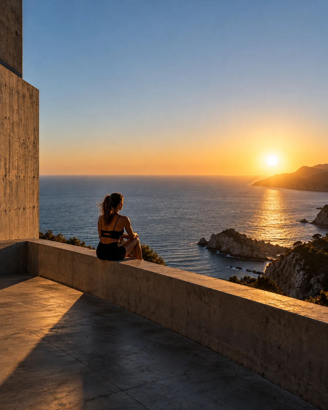 Woman resting on a concrete terrace above the sea at golden hour