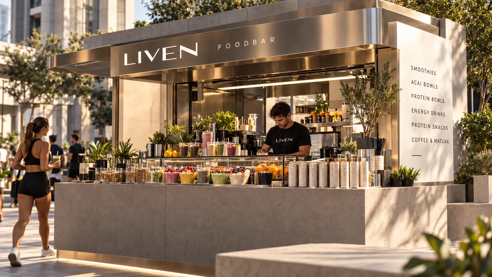 The LIVEN Foodbar kiosk in warm afternoon light