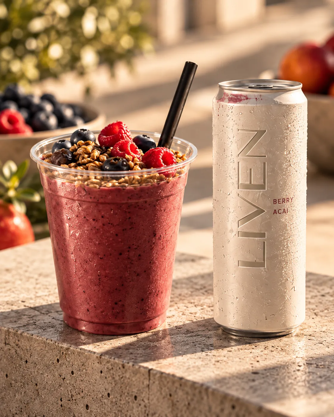 Berry Acai smoothie next to a LIVEN Berry Acai can in the sun