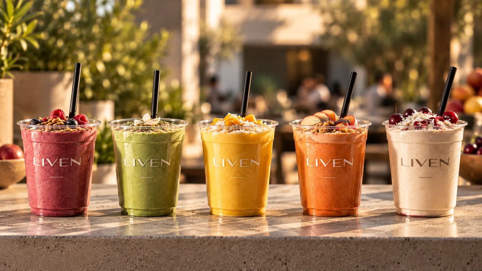 Five LIVEN smoothies in a row: Berry Acai, Green Focus, Mango Passion, Peach Iced Tea, Cherry Coconut