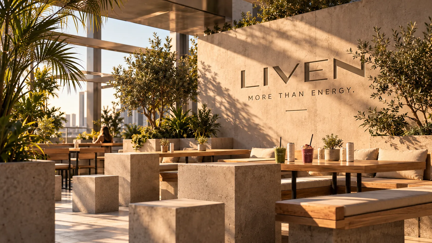 LIVEN terrace with concrete benches, wood tables and the LIVEN wordmark on the wall