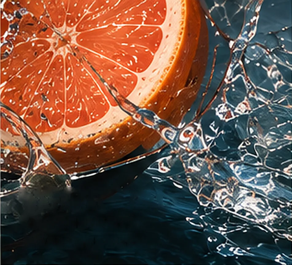 Citrus slice splashing into clear water