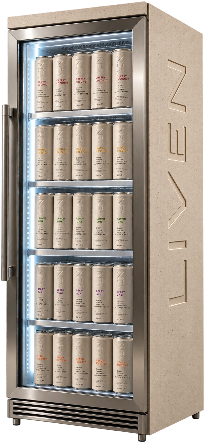 The LIVEN Pro fridge, glass door, filled with the five flavours