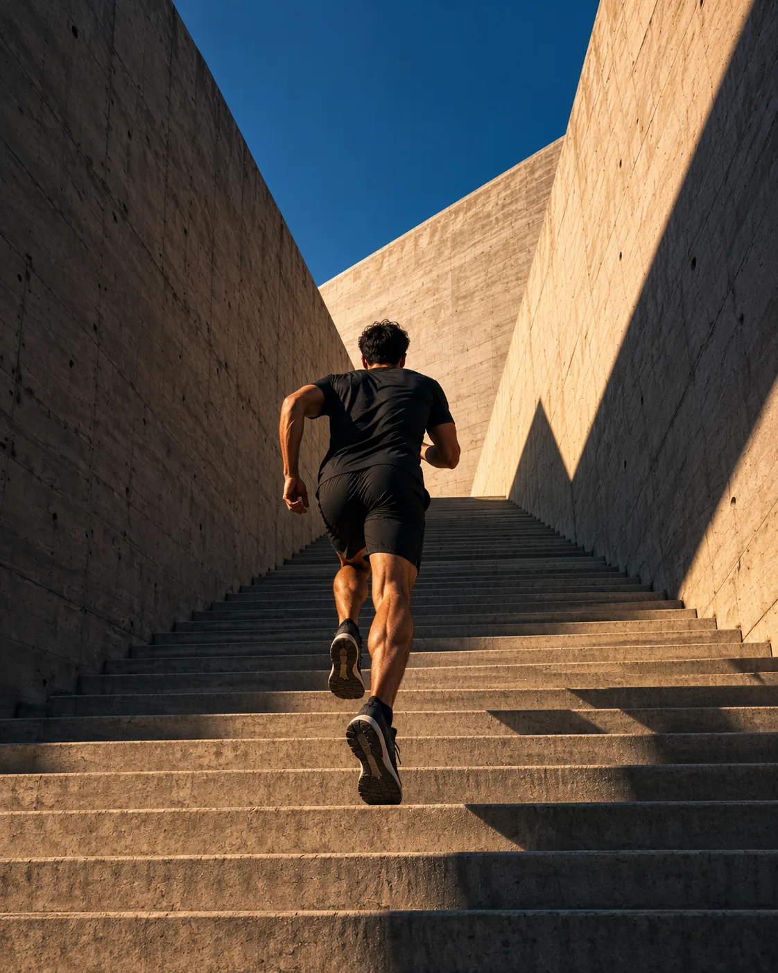Runner climbing concrete stairs in strong sunlight