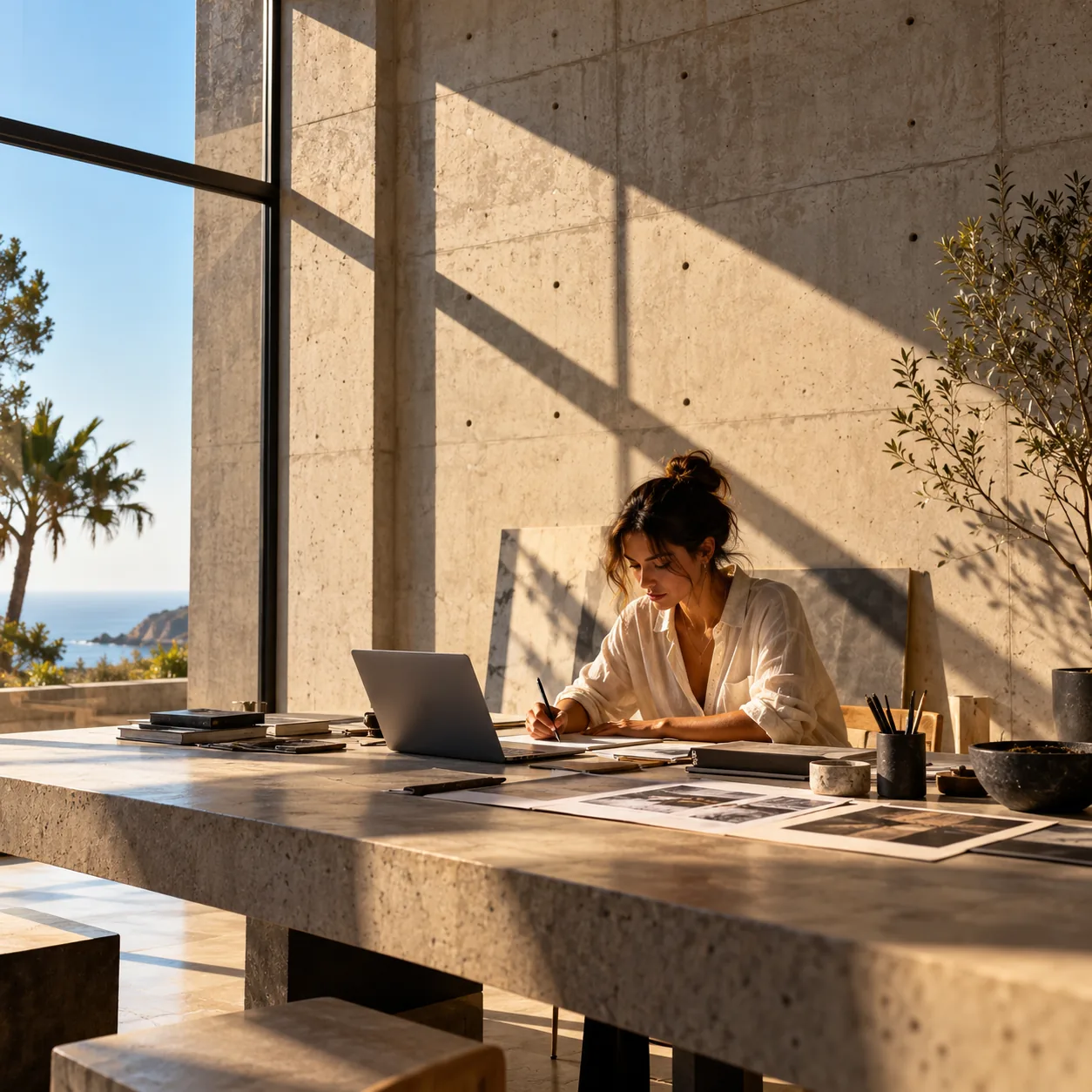Creative professional sketching in a sunlit concrete studio
